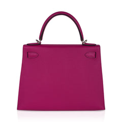 Kelly 28 Sellier Bag Rose Pourpre Epsom Leather with Palladium Hardware