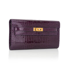 Kelly Classique To Go Wallet Cassis Alligator with Gold Hardware