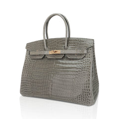 Birkin 35 Bag Gris Tourterelle Porosus Crocodile with Gold Hardware