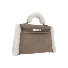 Kelly 20 Teddy Bag Pluch Shearling Gris Caillou Grizzly and Etoupe Swift Leather