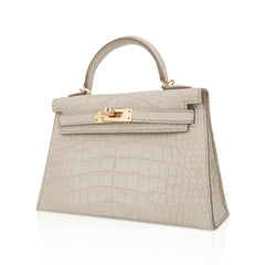 Limited Edition Mini Kelly 20 Sellier Beton Matte Alligator Bag with Gold Hardware