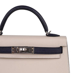 Special Order HSS Mini Kelly 20 Bag Sellier Craie & Blue Indigo Epsom Leather with Palladium Hardware
