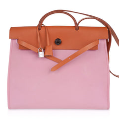 Herbag Zip 39 GM Bag Rose Sakura Canvas Vache Hunter Leather with Palladium Hardware