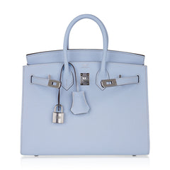 Birkin 25 Sellier Bag Blue Brume Epsom Palladium Hardware New