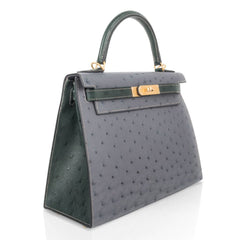 Kelly Sellier 28 HSS Bag Gris Agate / Vert Titien Ostrich Gold Hardware