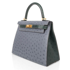 Kelly Sellier 28 HSS Bag Gris Agate / Vert Titien Ostrich Gold Hardware