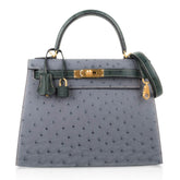 Kelly Sellier 28 HSS Bag Gris Agate / Vert Titien Ostrich Gold Hardware