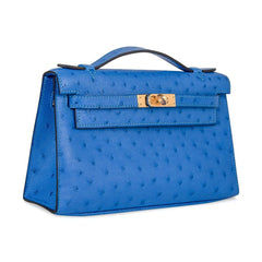 Kelly Pochette Bag Bleuet Ostrich Clutch Gold Hardware