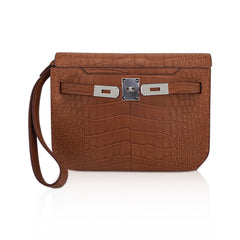 Kelly Depeches 25 Pouch Matte Gold Alligator with Palladium Hardware