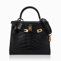 Kelly 25 Retourne Bag Black Matte Alligator with Gold Hardware