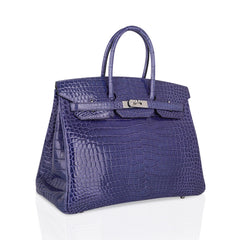 Birkin 35 Bag Blue Brighton Porosus Crocodile Palladium Hardware New