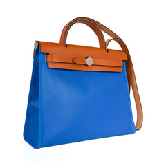 Herbag Zip 31 Bag Blue Frida Berline Canvas Vache Naturelle Leather with Palladium Hardware