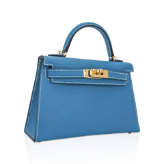 Mini Kelly 20 Bag Sellier New Blue Jean Epsom Leather with Gold Hardware
