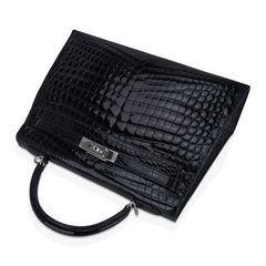 Kelly 32 Sellier Bag Black Crocodile with Palladium Hardware