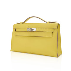 Kelly Pochette Clutch Bag Jaune De Naples Swift Leather with Palladium Hardware