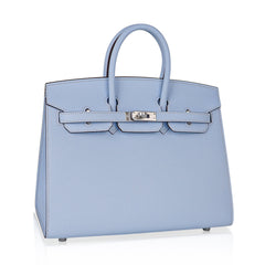 Birkin 25 Sellier Bag Blue Brume Epsom Palladium Hardware New