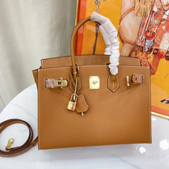 Birkin Sellier 25 Gold Epsom Leather Rolled Handles Gold Hardware Handbag