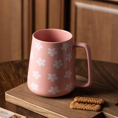 24oz Pink Ceramic Coffee Mug with Cherry Blossom Pattern, Large Capacity Square Handle Cup for Coffee, Tea, Milk, Hot Chocolate, Office & Home