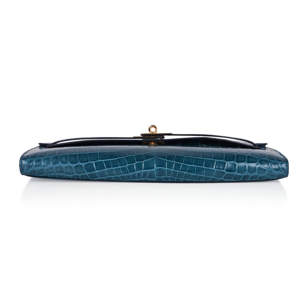 Kelly Cut Bag Blue Colvert Crocodile with Gold Hardware