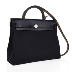 Herbag Zip 31 Bag Black Canvas & Blue Indigo Vache Hunter Leather with Palladium Hardware