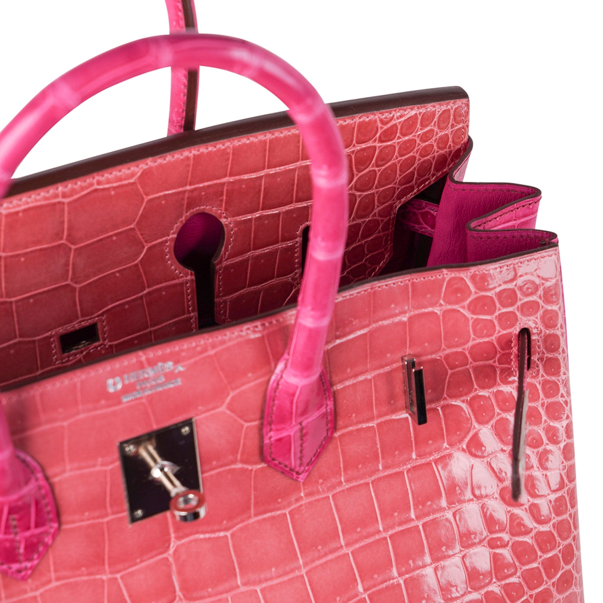 Special Order HSS Birkin 35 Bag Rose Indienne and Fuchsia Porosus Crocodile with Palladium Hardware