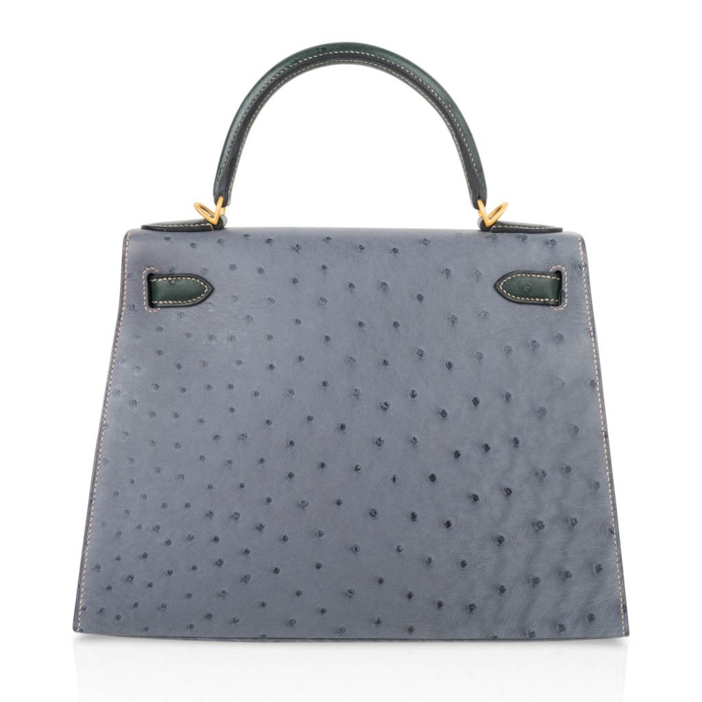 Kelly Sellier 28 HSS Bag Gris Agate / Vert Titien Ostrich Gold Hardware