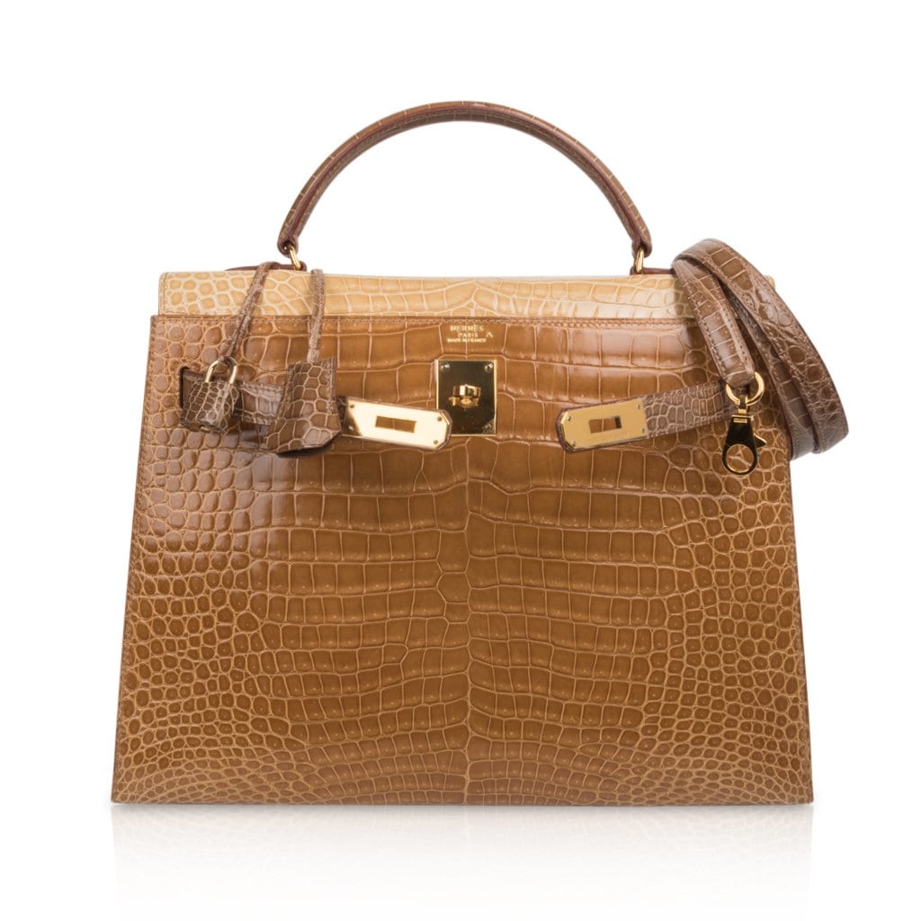 Limited Edition Tri-Color Kelly Sellier 32 Bag  Poussiere Poudre Ficelle Porosus Crocodile