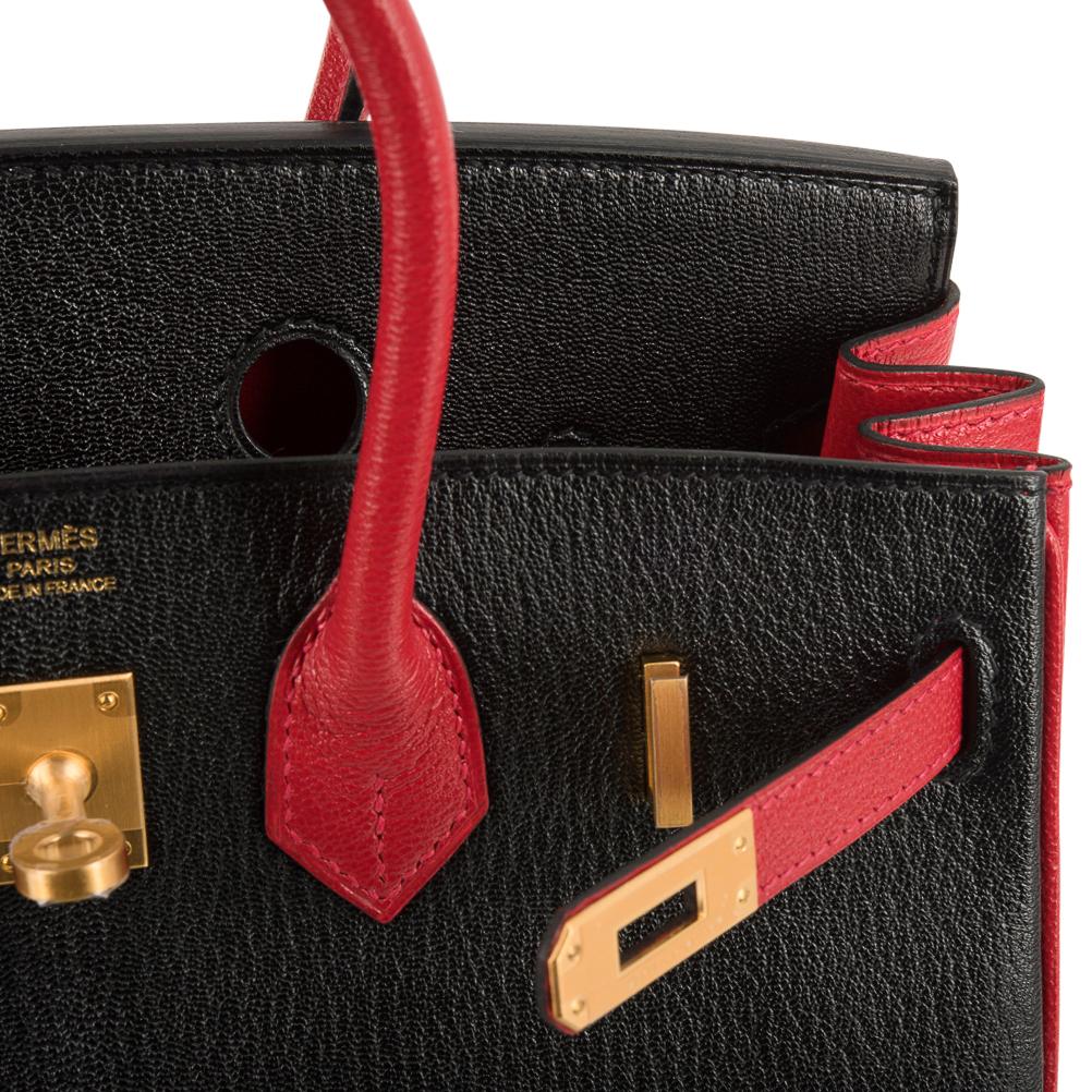 Birkin HSS 25 Bag Noir / Rouge Casaque Chevre Brushed Gold Hardware