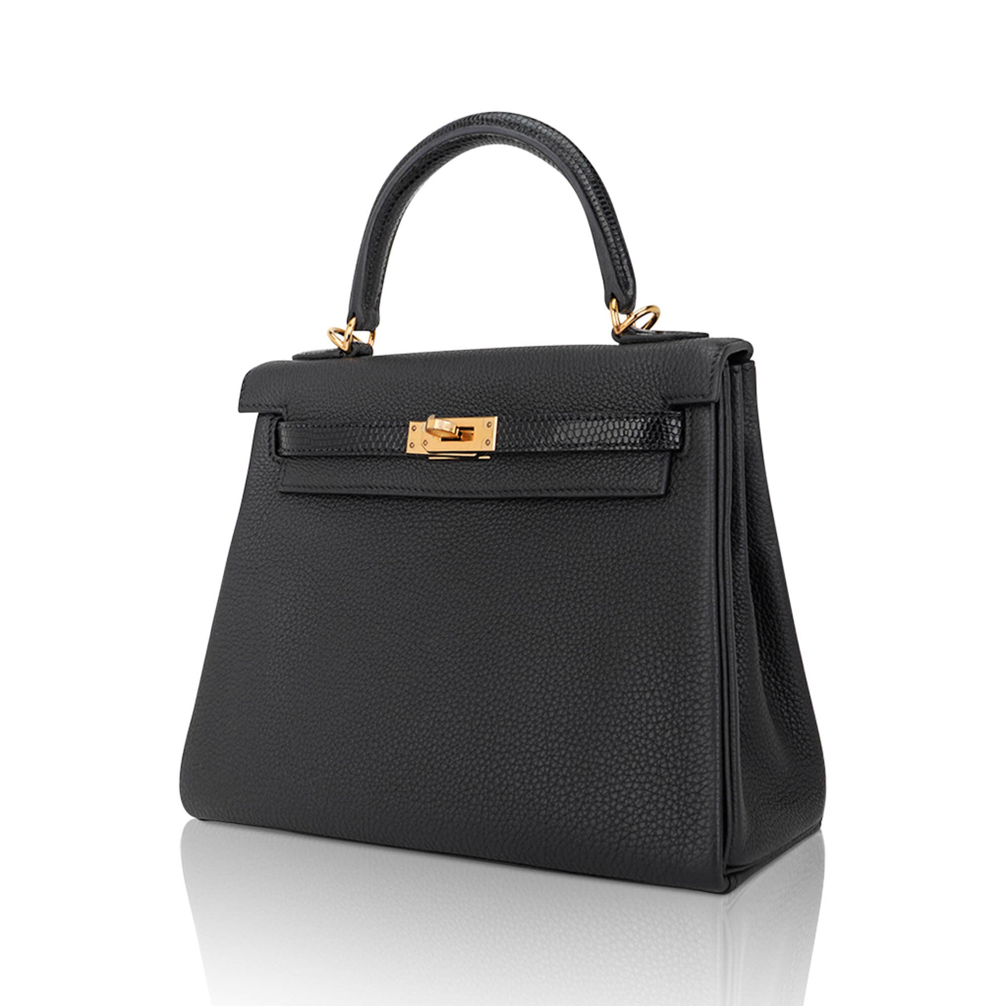 Kelly Touch 25 Retourne Bag Black Lizard Togo Leather Gold Hardware