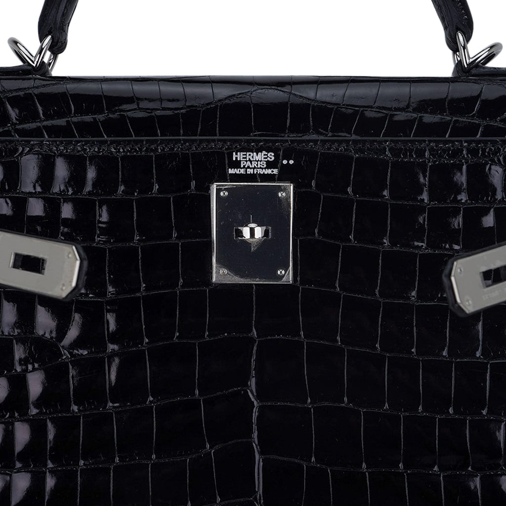 Kelly 32 Sellier Bag Black Crocodile with Palladium Hardware