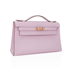 Kelly Pochette Clutch Bag Mauve Sylvestre Swift Leather with Rose Gold Hardware