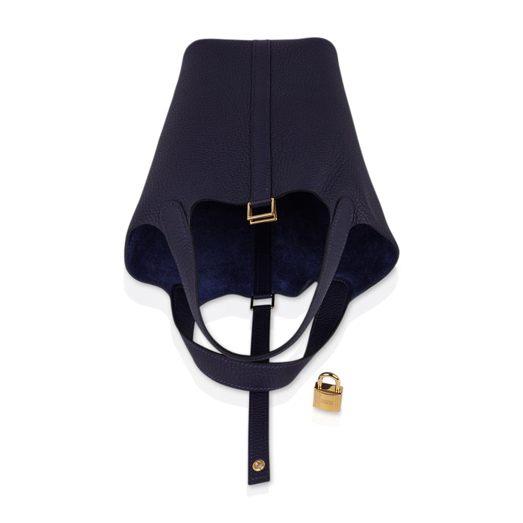 Picotin Lock 18 Blue Nuit Tote Bag Gold Hardware Clemence Leather