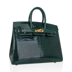 Birkin 25 Bag Sellier Vert Fonce Porosus Crocodile Bag with Gold Hardware