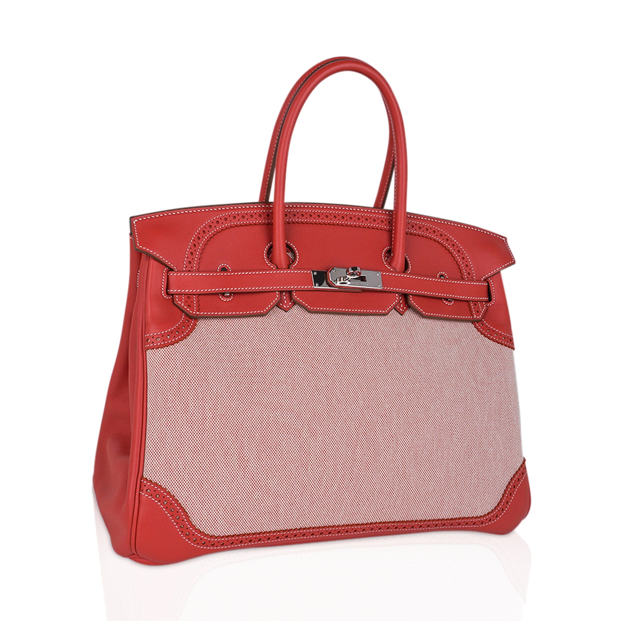 Limited Edition Birkin 35 Ghillies Bag Sanguine Toile and Swift Leather with Palladium Hardware
