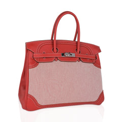 Limited Edition Birkin 35 Ghillies Bag Sanguine Toile and Swift Leather with Palladium Hardware