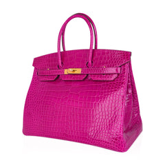 Birkin 35 Bag Rose Scheherazade Porosus Crocodile with Gold Hardware