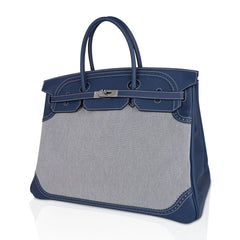 Birkin Limited Edition 40 Ghillies Bag Blue de Prusse Blue Toile with Palladium Hardware