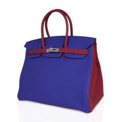 Special Order HSS Birkin 35 Bag Blue Electric & Rouge Granat Togo Leather with Palladium Hardware