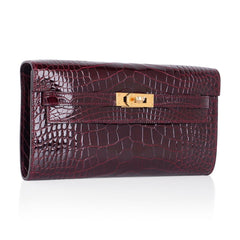 Kelly Classique To Go Wallet Bordeaux Alligator Gold Hardware New w/Box