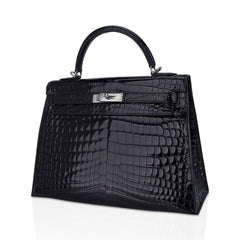 Kelly 32 Sellier Bag Black Crocodile with Palladium Hardware