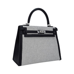 Kelly 25 Sellier Bag Quadrille Black & White Viking Toile Swift Leather with Palladium Hardware