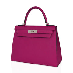 Kelly 28 Sellier Bag Rose Pourpre Epsom Leather with Palladium Hardware