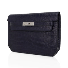 Kelly Depeches 25 Pouch Blue Indigo Matte Alligator with Palladium Hardware