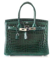 Birkin 30 Bag Emeraude Emerald Porosus Crocodile Palladium