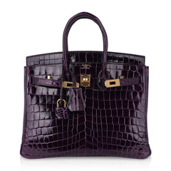 Birkin 25 Bag Aubergine Niloticus Crocodile with Gold Hardware