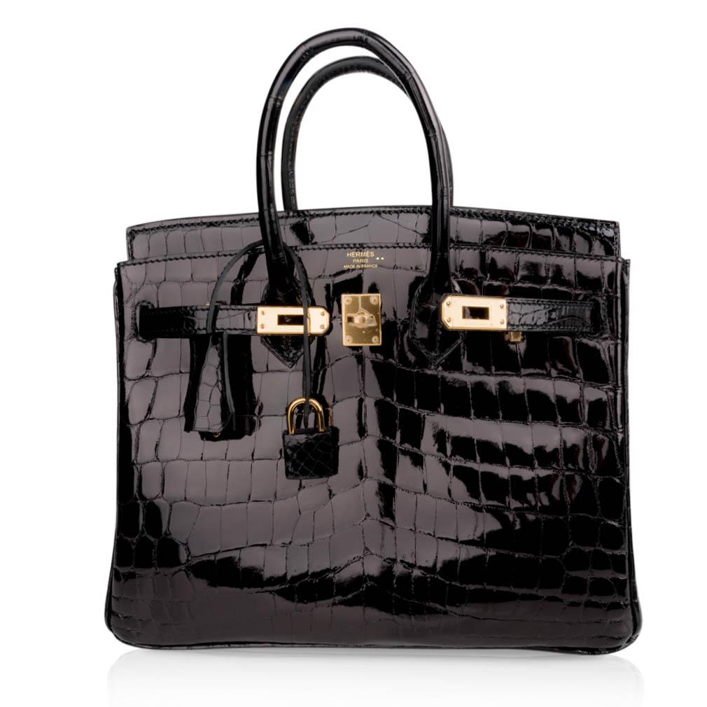Birkin 25 Bag Black Crocodile Lisse Gold Hardware