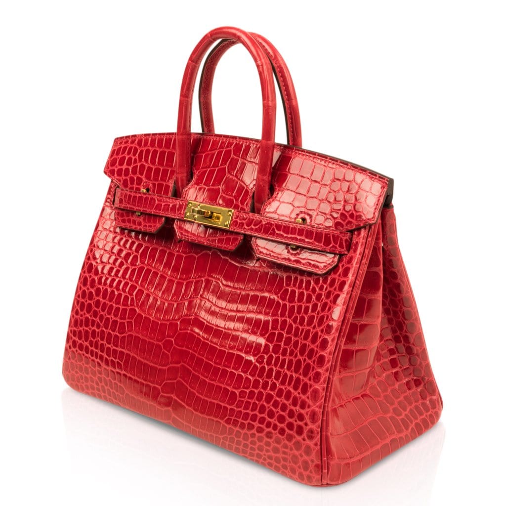 Birkin 25 Bag Red Braise Porosus Crocodile Gold Hardware Lipstick Red