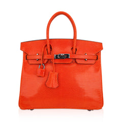 Birkin 25 Bag Orange Tangerine Lizard with Ruthenium Hardware