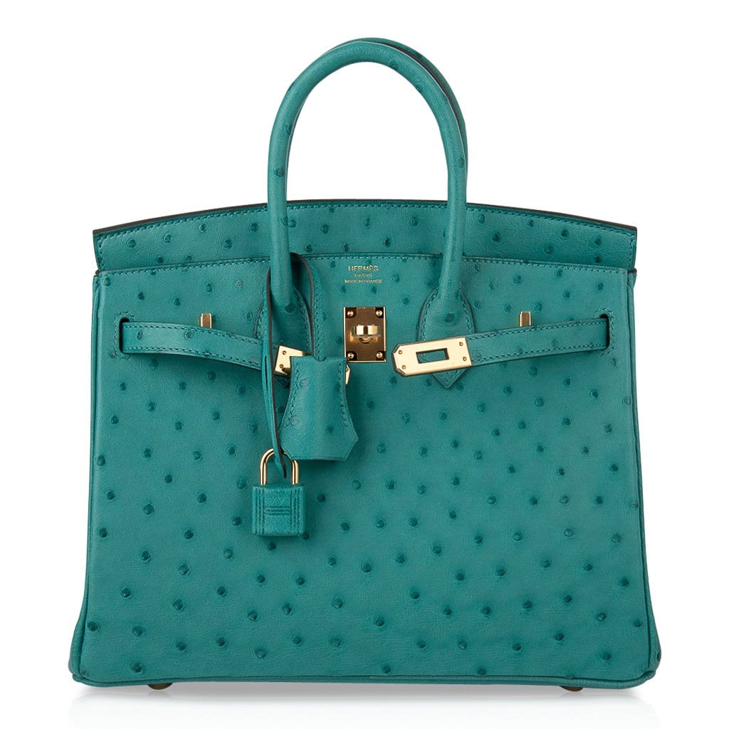 Birkin 25 Bag Vert Verone Ostrich Gold Hardware