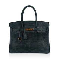 Birkin 30 Bag Vert Fonce Matte Porosus Crocodile with Gold Hardware